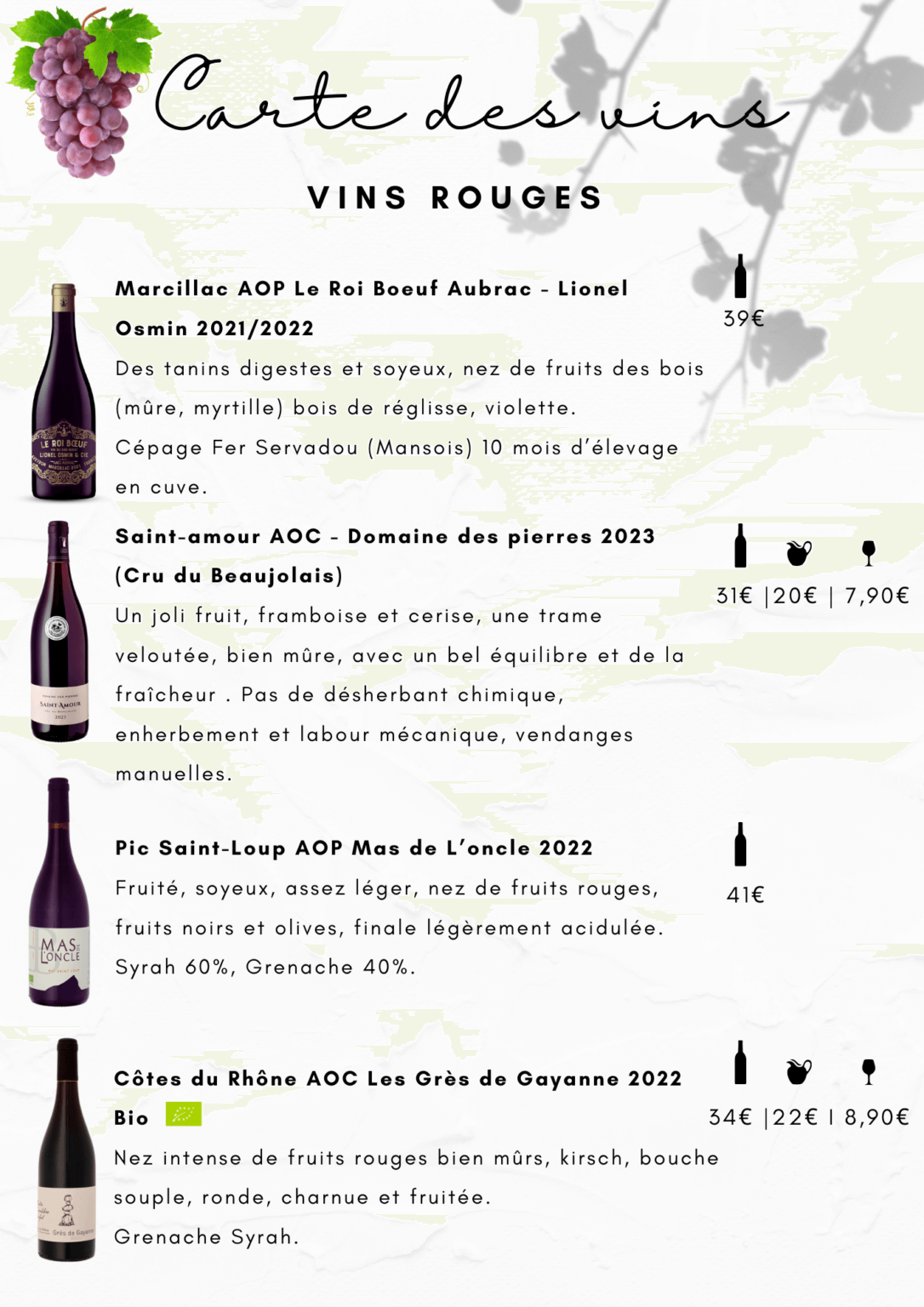 carte des vins