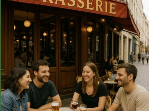 Amis prenant l’apéro dans une brasserie du Marais
