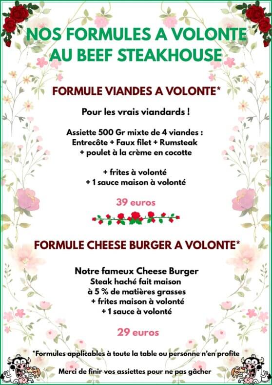 NOS FORMULES A VOLONTE AU BEEF STEAKHOUSE